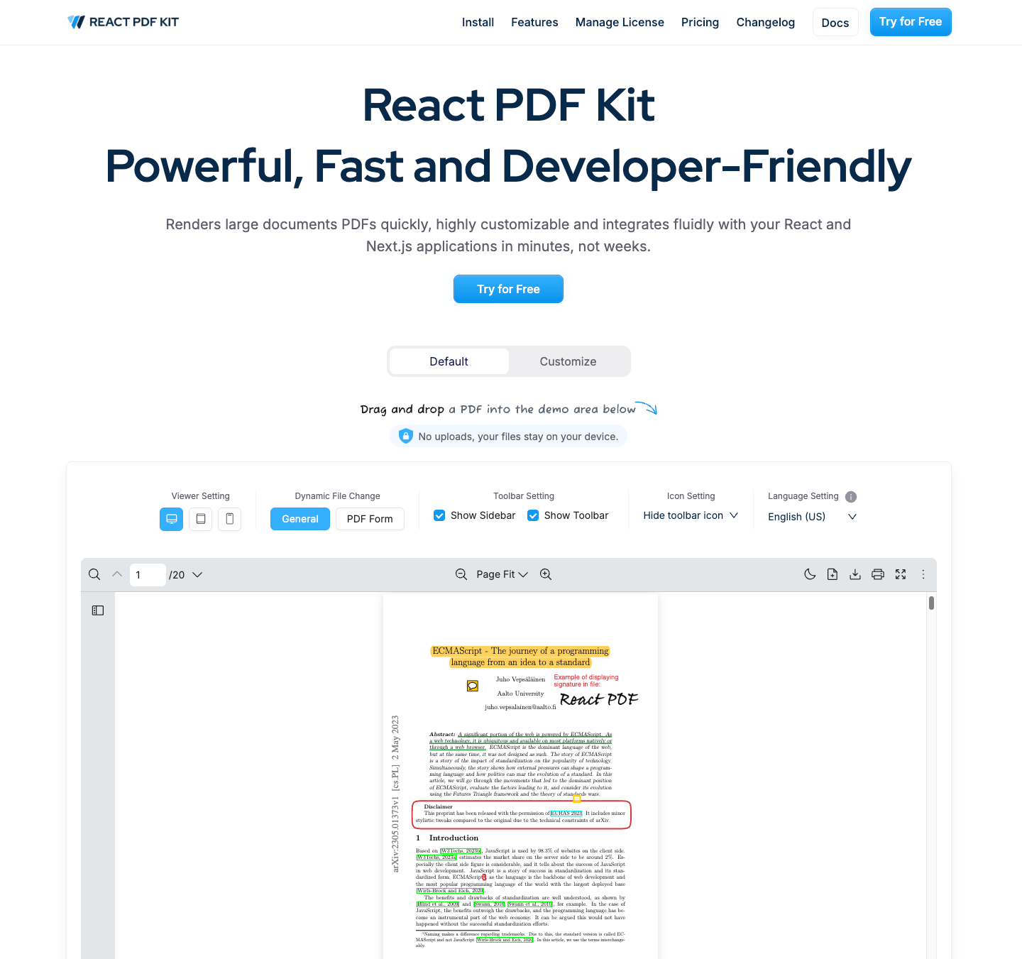 React PDF Kit viewer component displaying a PDF with built-in toolbar and controls