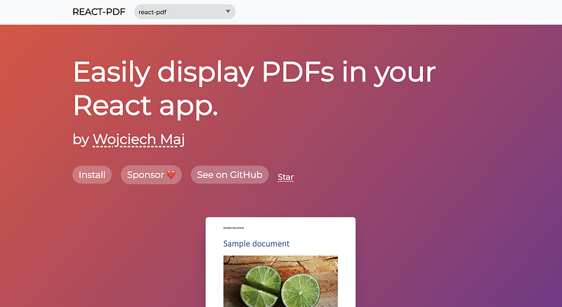 react-pdf library rendering a PDF document inside a React application